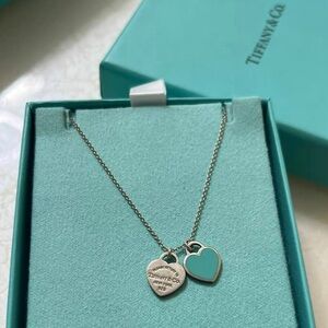 Tiffany & Co. Silver and Teal Double Heart Necklace